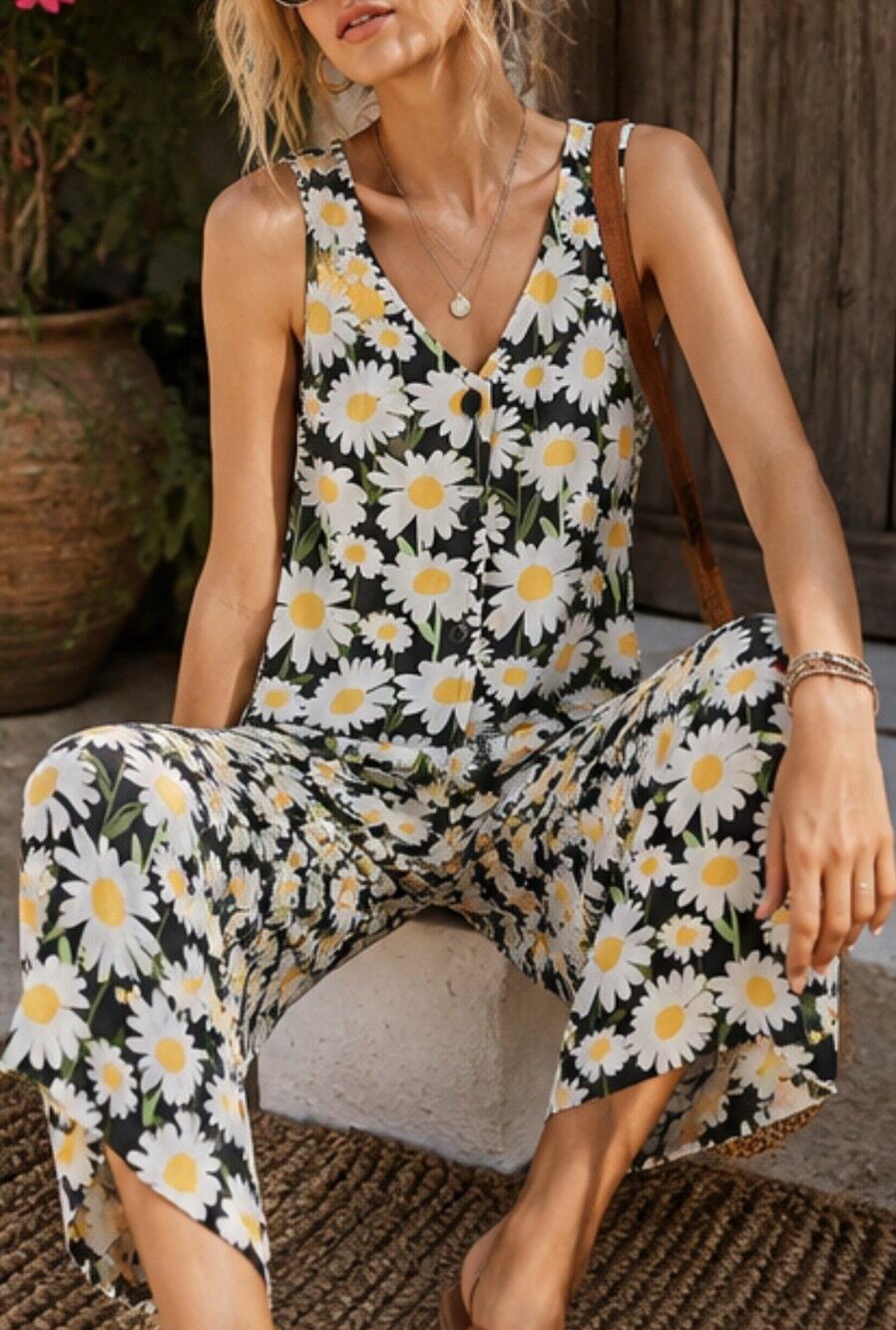 Lucy & Yak Women 8 Daisy Floral Jumpsuit Organic Cotton Wide Leg Romper Overalls